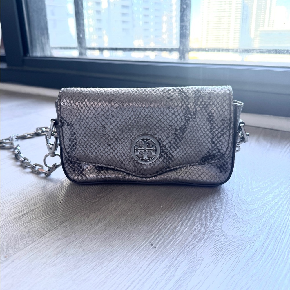 Tory Burch Metallic Silver Snake-Embossed Crossbody Bag